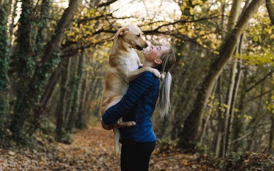 woman in wooded glen holding dog
