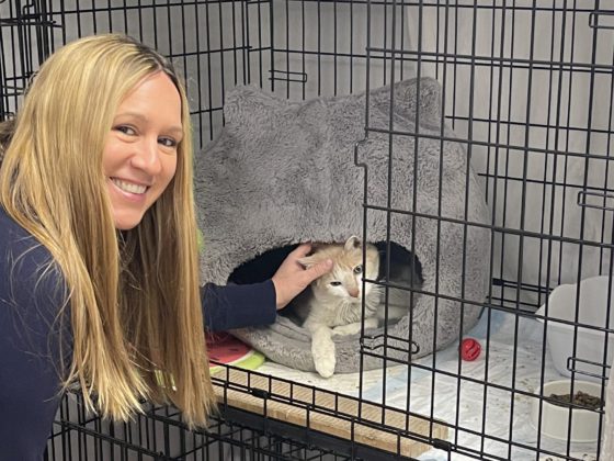 woman with cat in cage
